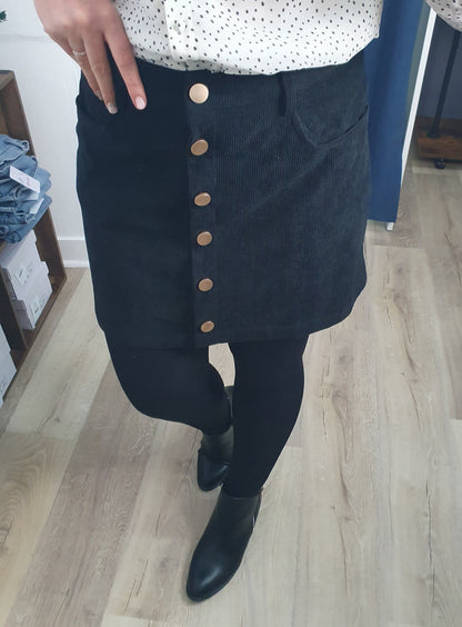Jupe courte femme noir velours avec boutons dorés devant