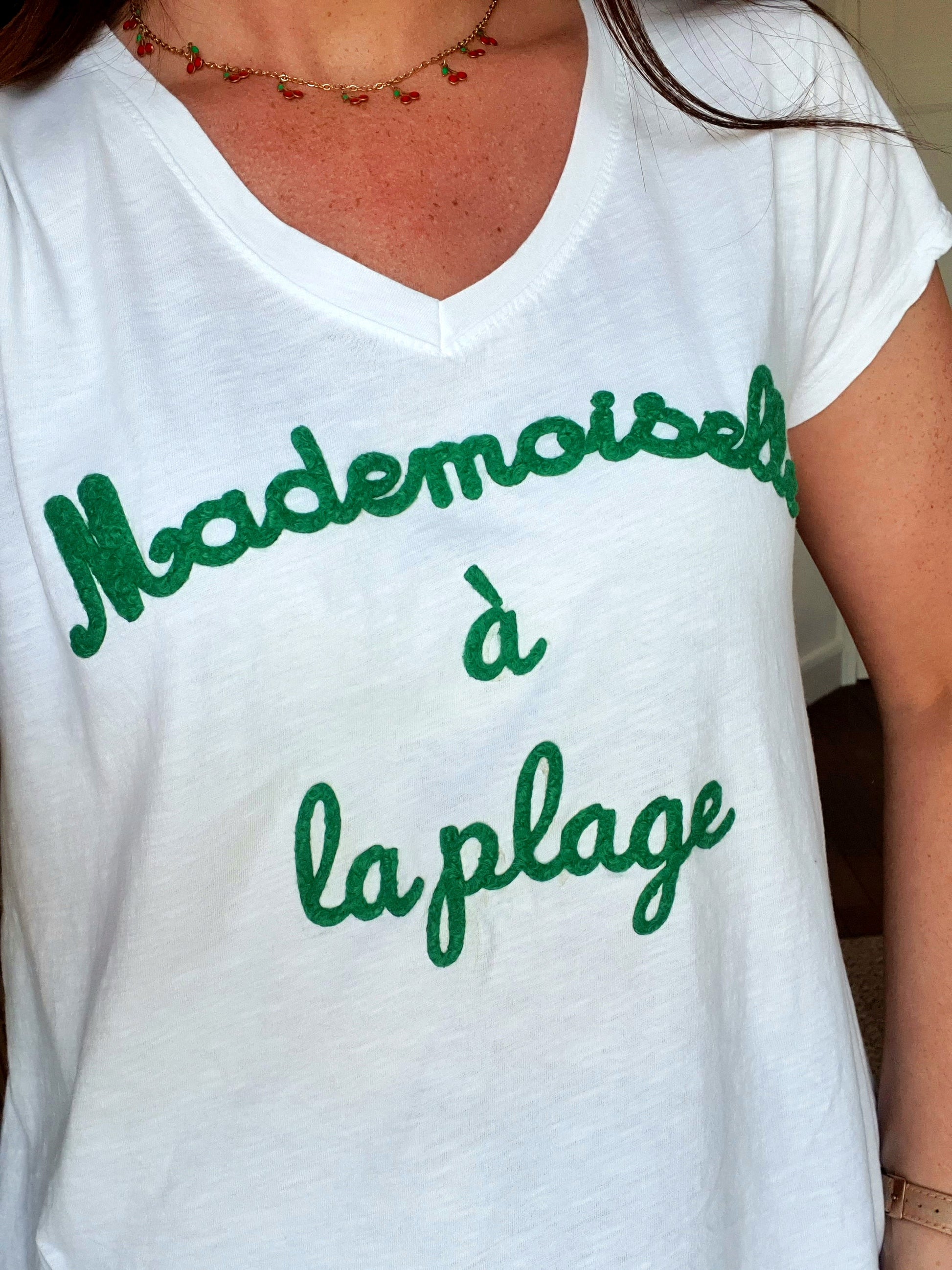 T-shirt mademoiselle à la plage blanc et vert taille unique