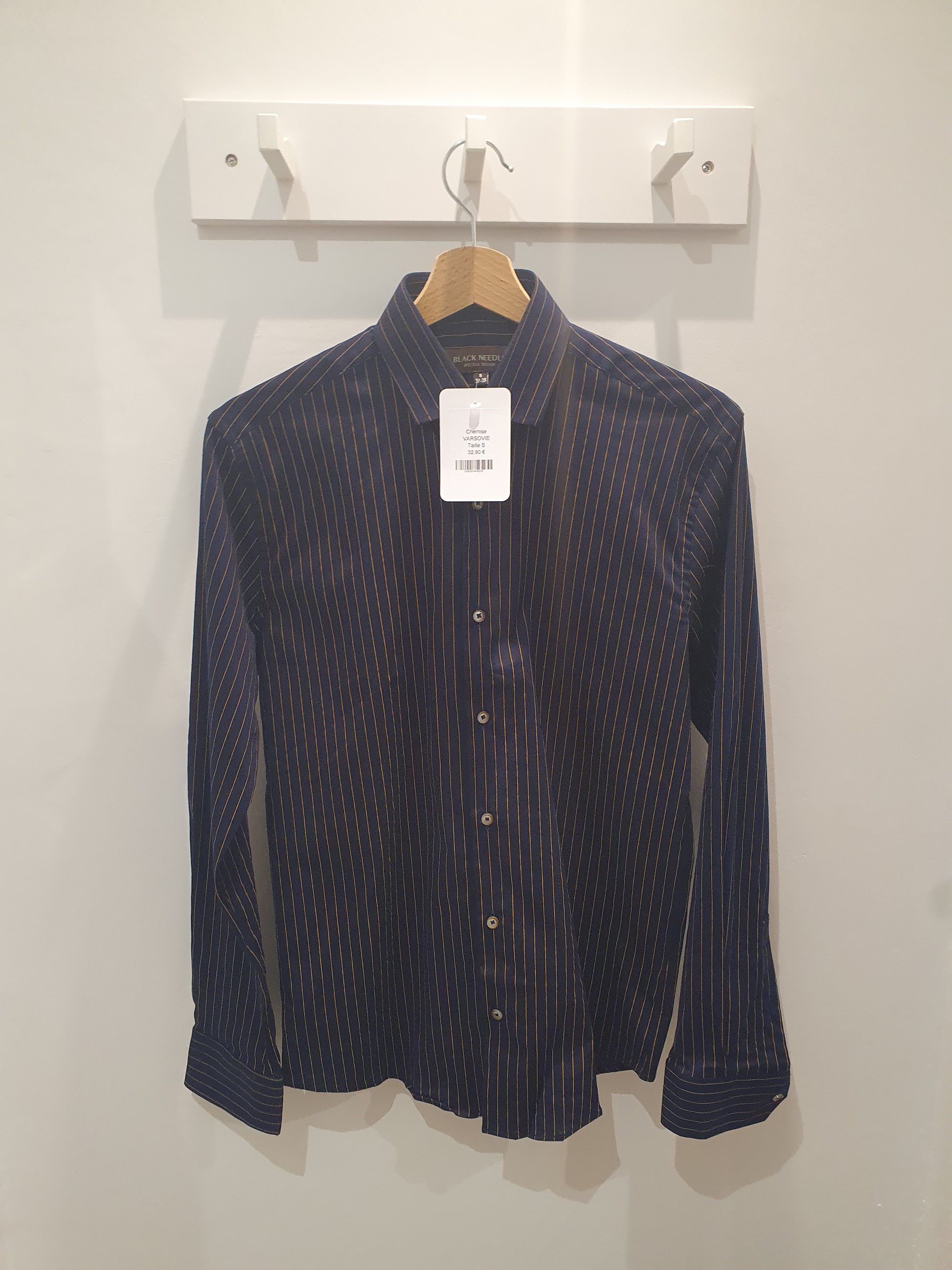 Chemise bleu marine rayures fines jaune moutarde homme