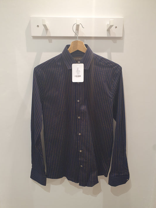 Chemise bleu marine rayures fines jaune moutarde homme