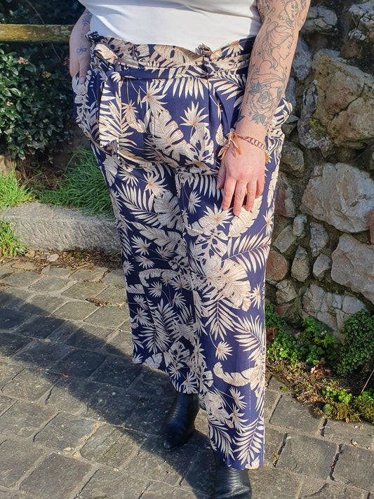 Pantalon fluide femme grande taille motif tropical marine