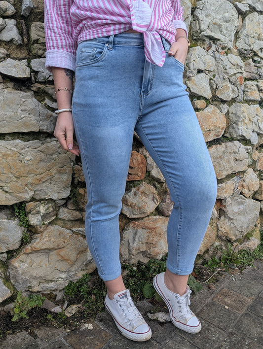 Jean mom stretch bleu moyen effet délavé femme