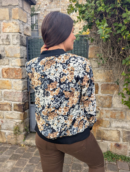 Bomber femme fleurs automne marron noir beige