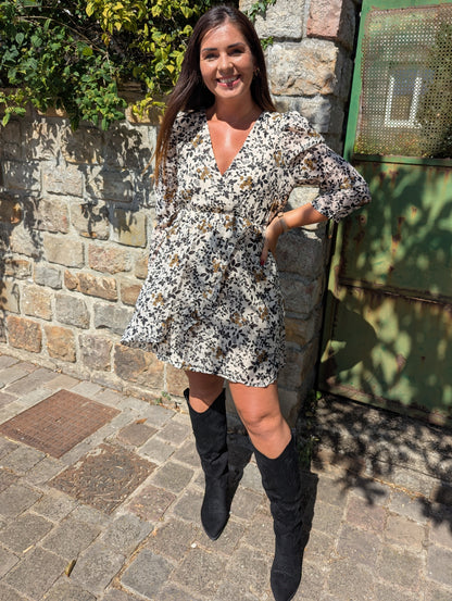 Robe fleurie beige noir moutarde effet cache-coeur femme