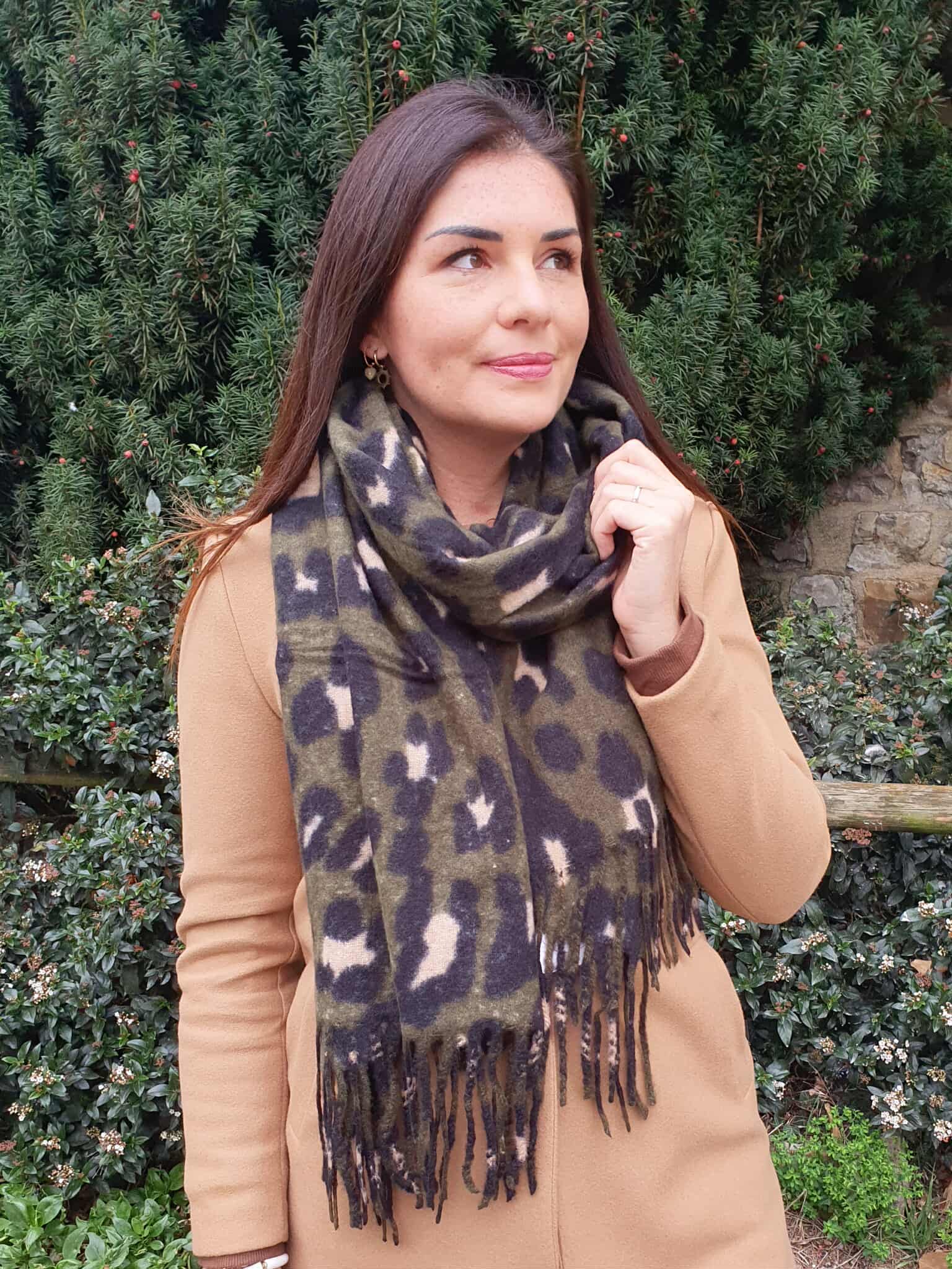 Echarpe épaisse léopard kaki pour femme franges