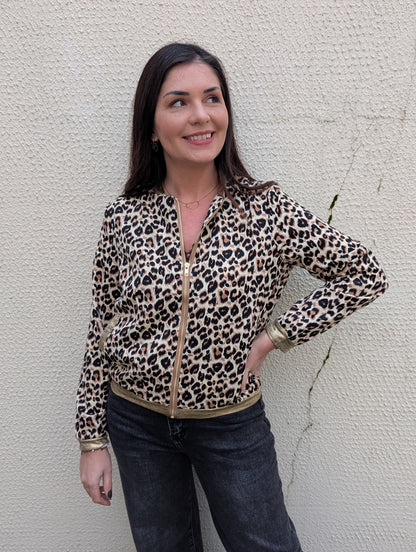 Bomber femme motif léopard beige marron avec détails dorés