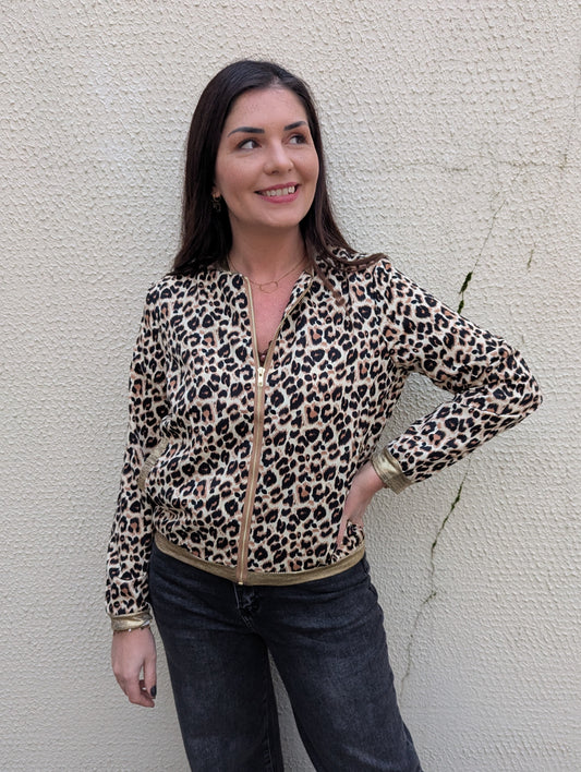 Bomber femme motif léopard beige marron avec détails dorés