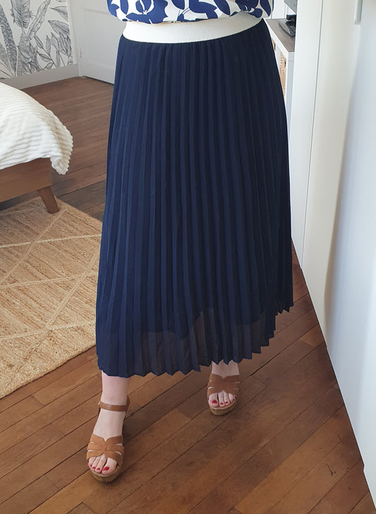 Jupe longue plissée bleu marine taille élastique écru femme