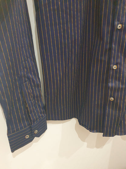 Chemise bleu marine rayures fines jaune moutarde homme