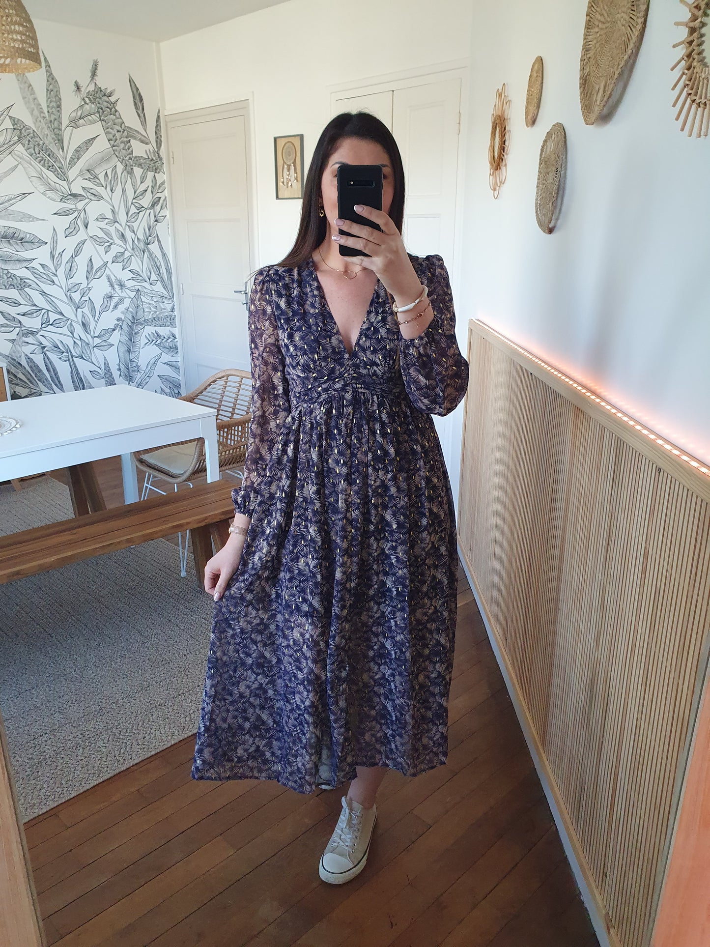 Robe longue manches longues pour femme bleu marine beige