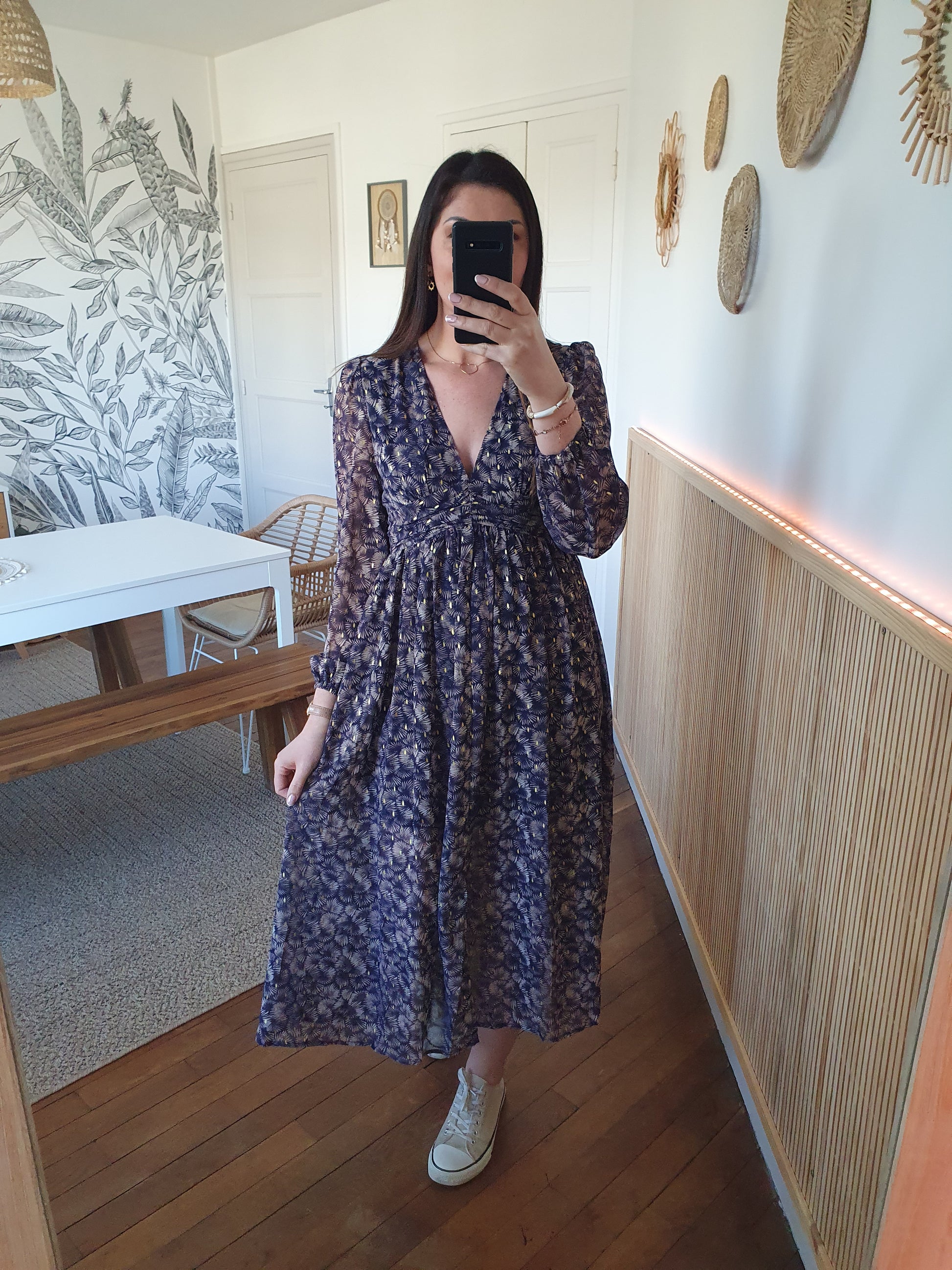 Robe longue manches longues pour femme bleu marine beige