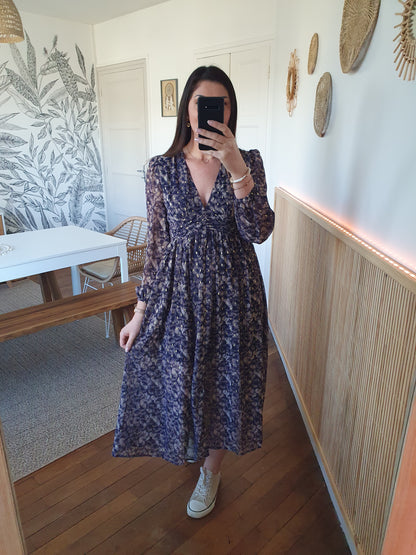 Robe longue manches longues pour femme bleu marine beige
