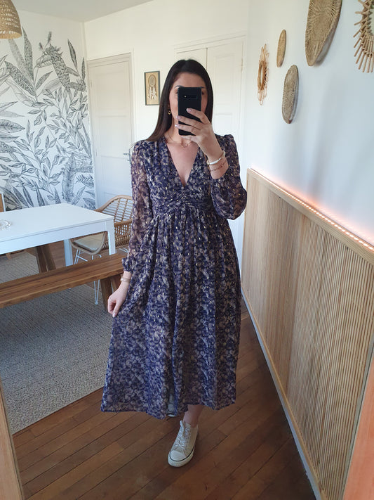 Robe longue manches longues pour femme bleu marine beige