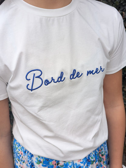 T-shirt fille bord de mer blanc et bleu