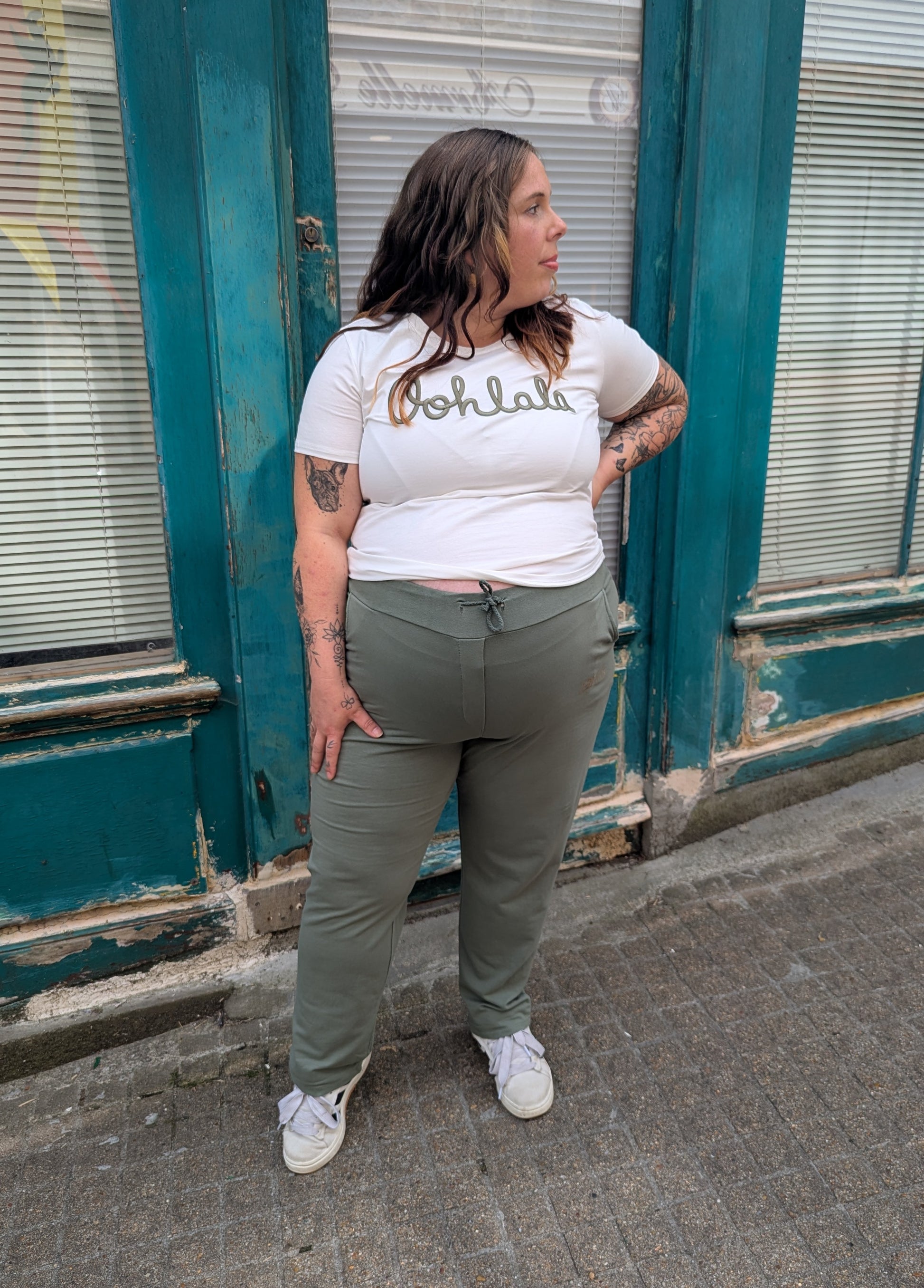 T-shirt OOHLALA blanc et kaki grande taille col rond