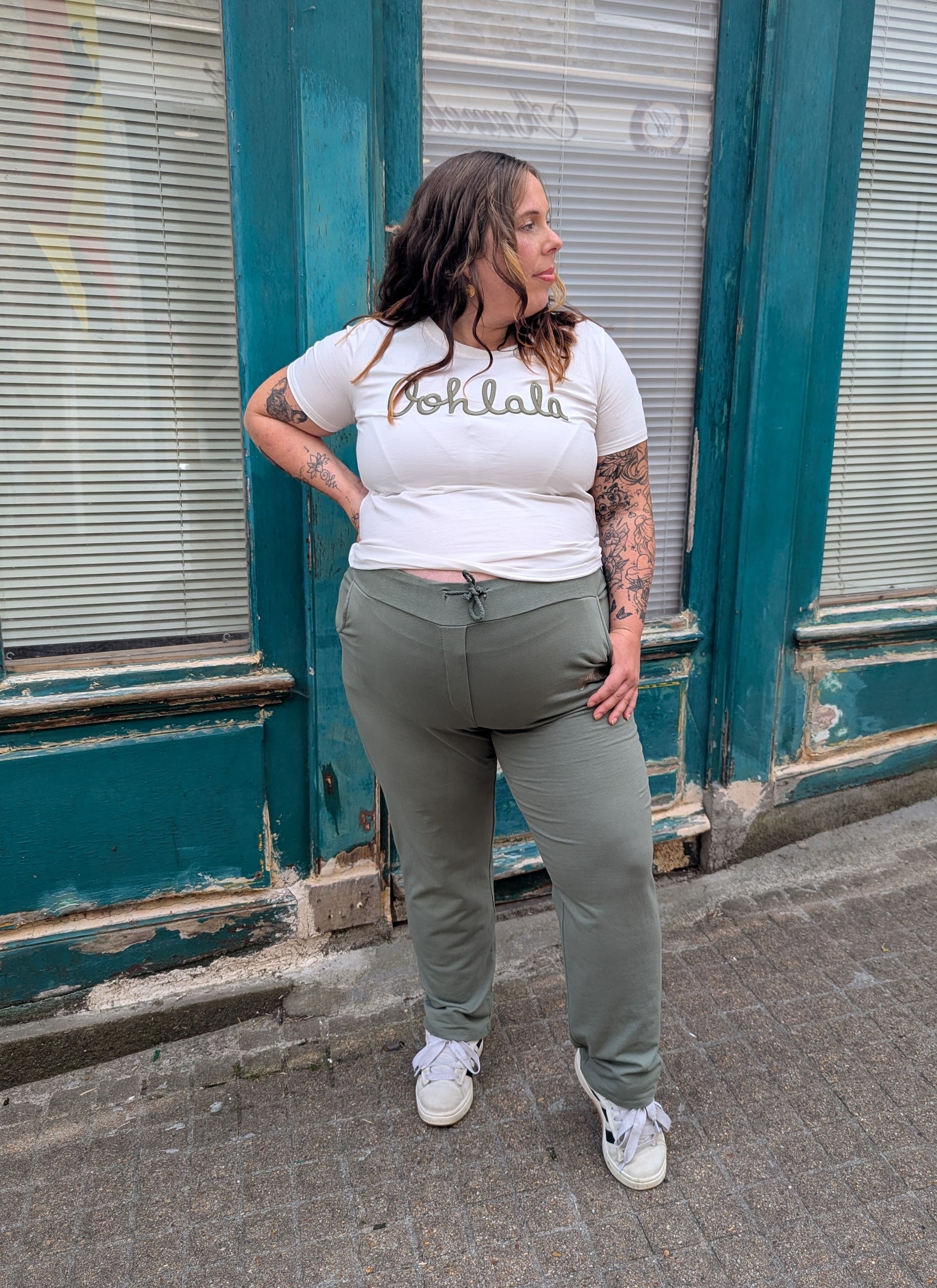 T-shirt OOHLALA blanc et kaki grande taille col rond