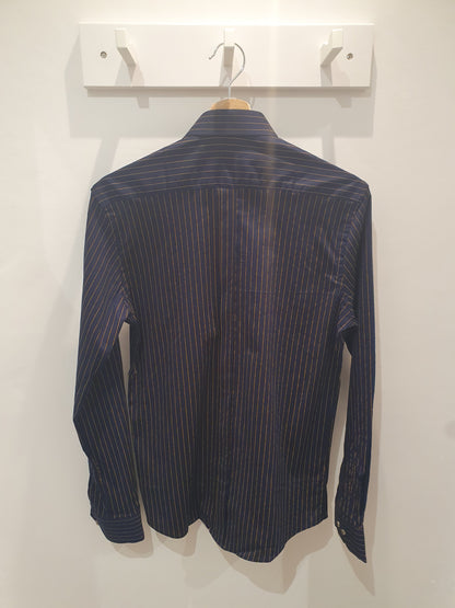 Chemise bleu marine rayures fines jaune moutarde homme