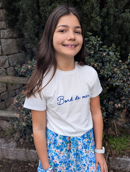 T-shirt fille bord de mer blanc et bleu