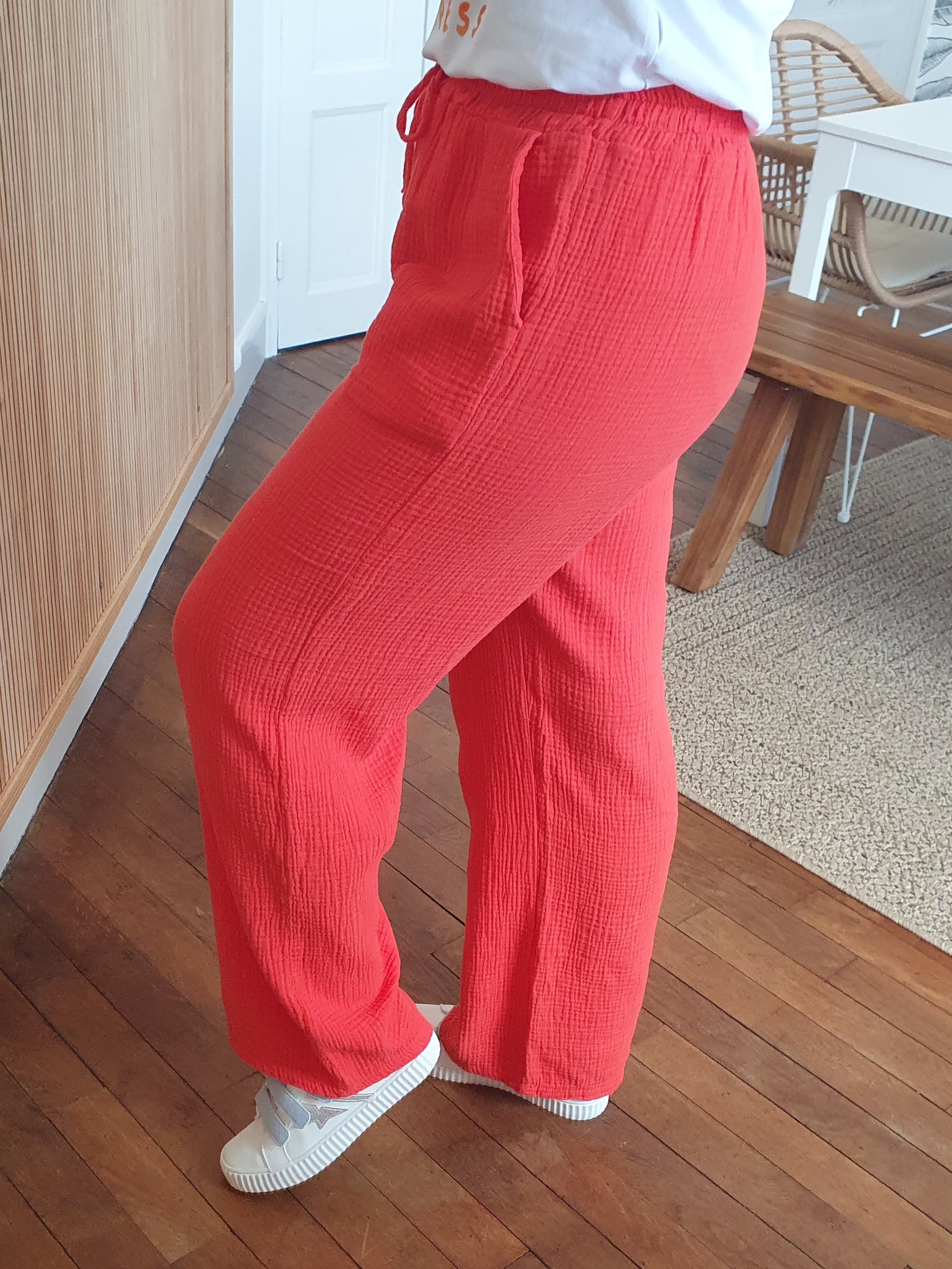 Pantalon gaze de coton couleur corail taille unique femme