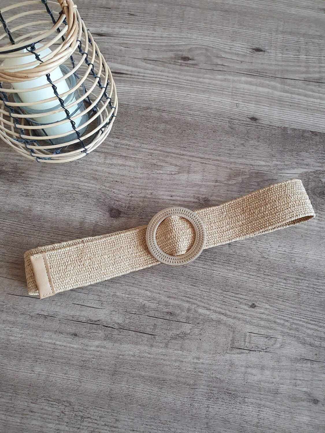 Ceinture élastique paille beige taille unique boucle dorée