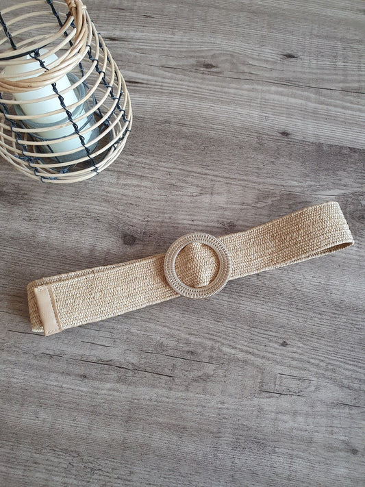 Ceinture élastique paille beige taille unique boucle dorée