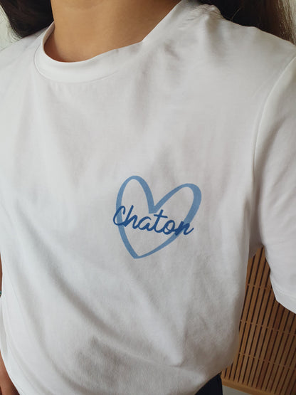 T-shirt enfant chaton blanc et bleu col rond