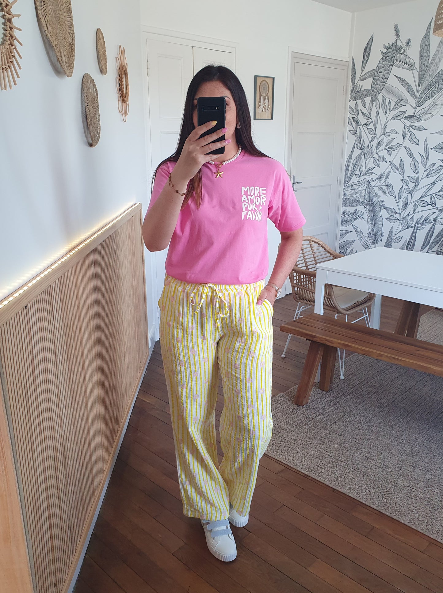 T-shirt oversize more amor por favor rose et blanc au dos