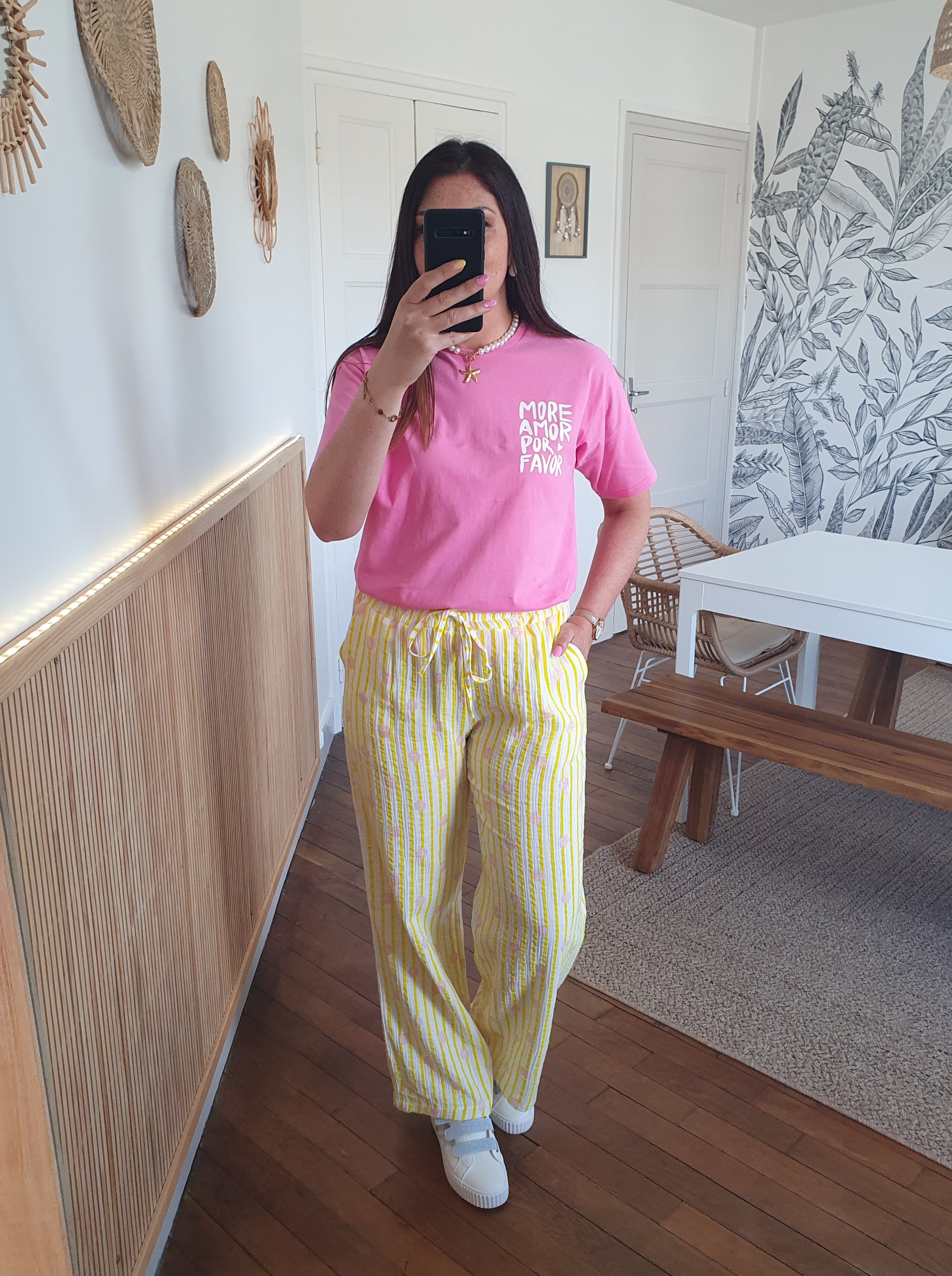 T-shirt oversize more amor por favor rose et blanc au dos