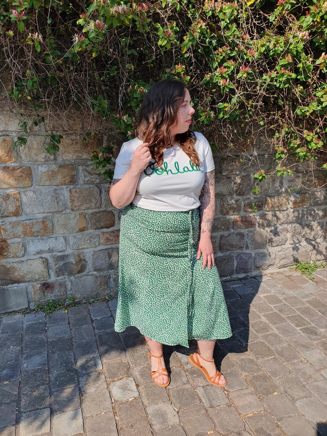 T-shirt OOHLALA blanc et vert grande taille col rond