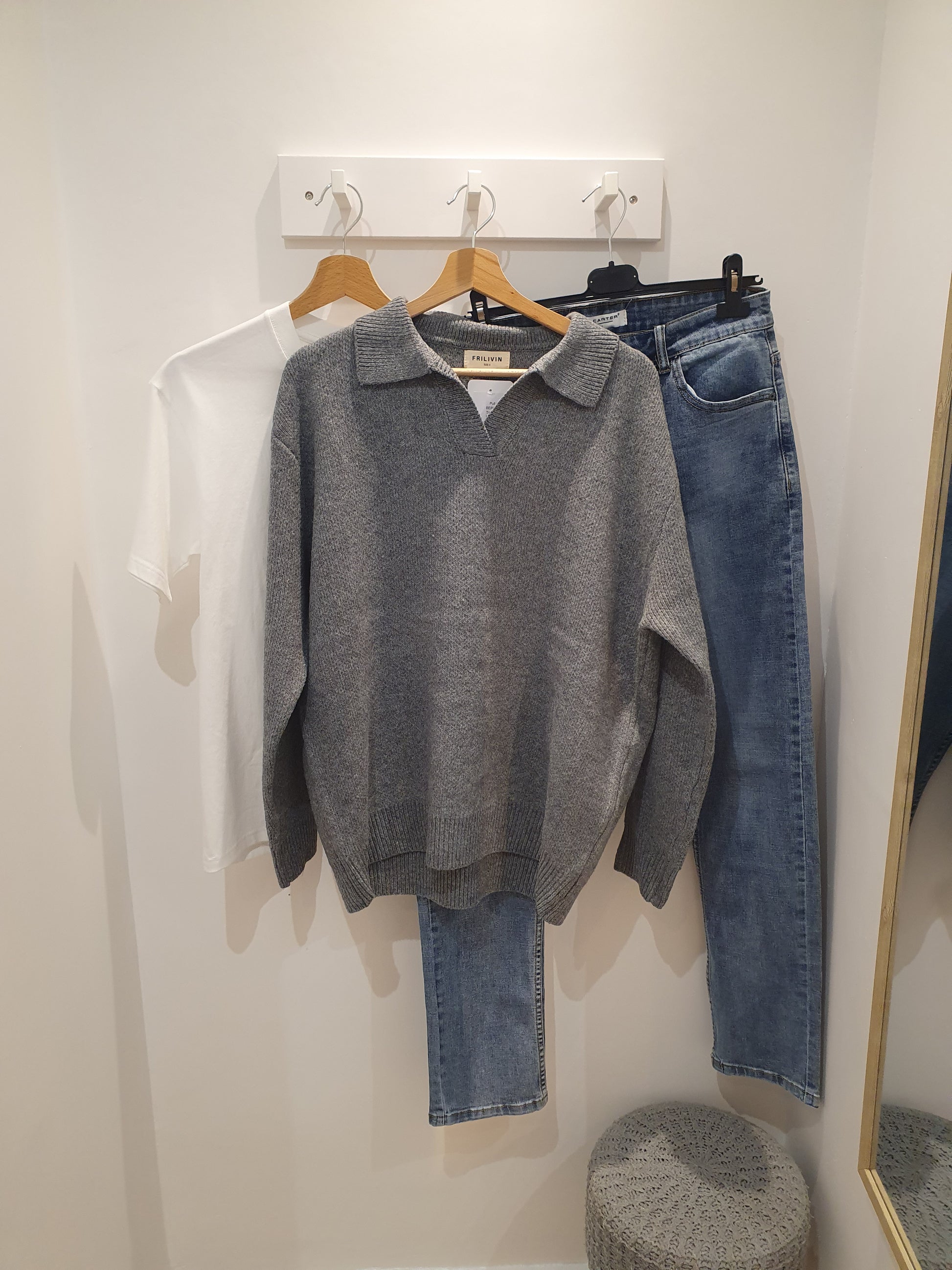 Pull gris hiver homme col polo en V tendance casual chic