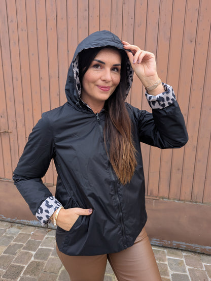 Parka réversible Laura Jo noir imprimé léopard imperméable