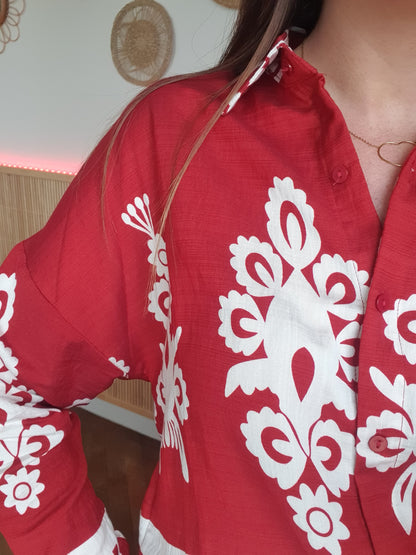 Chemise femme bordeaux et blanc matière fluide