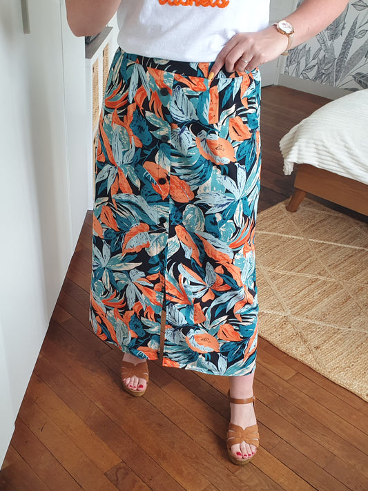 Jupe longue feuilles tropical noir orange vert avec boutons