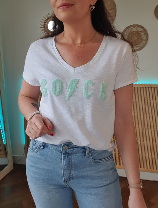 T-shirt femme rock blanc et vert d'eau col en v