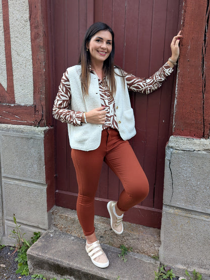 Chemise femme marron et beige motif feuilles zèbre