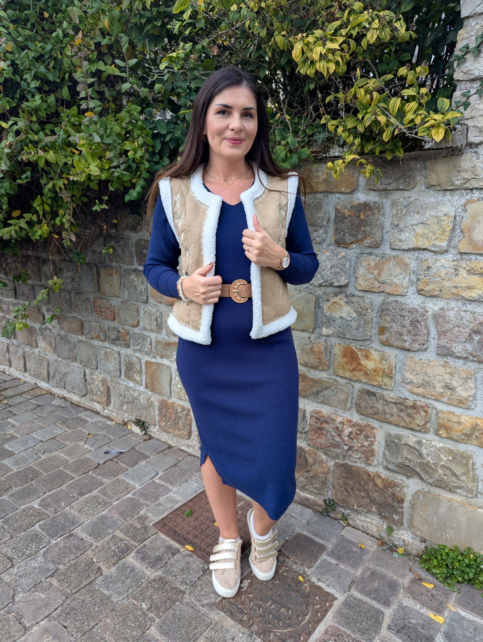 Robe pull bleu marine col en v stretch femme