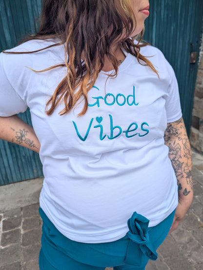 T-shirt good vibes blanc bleu canard grande taille