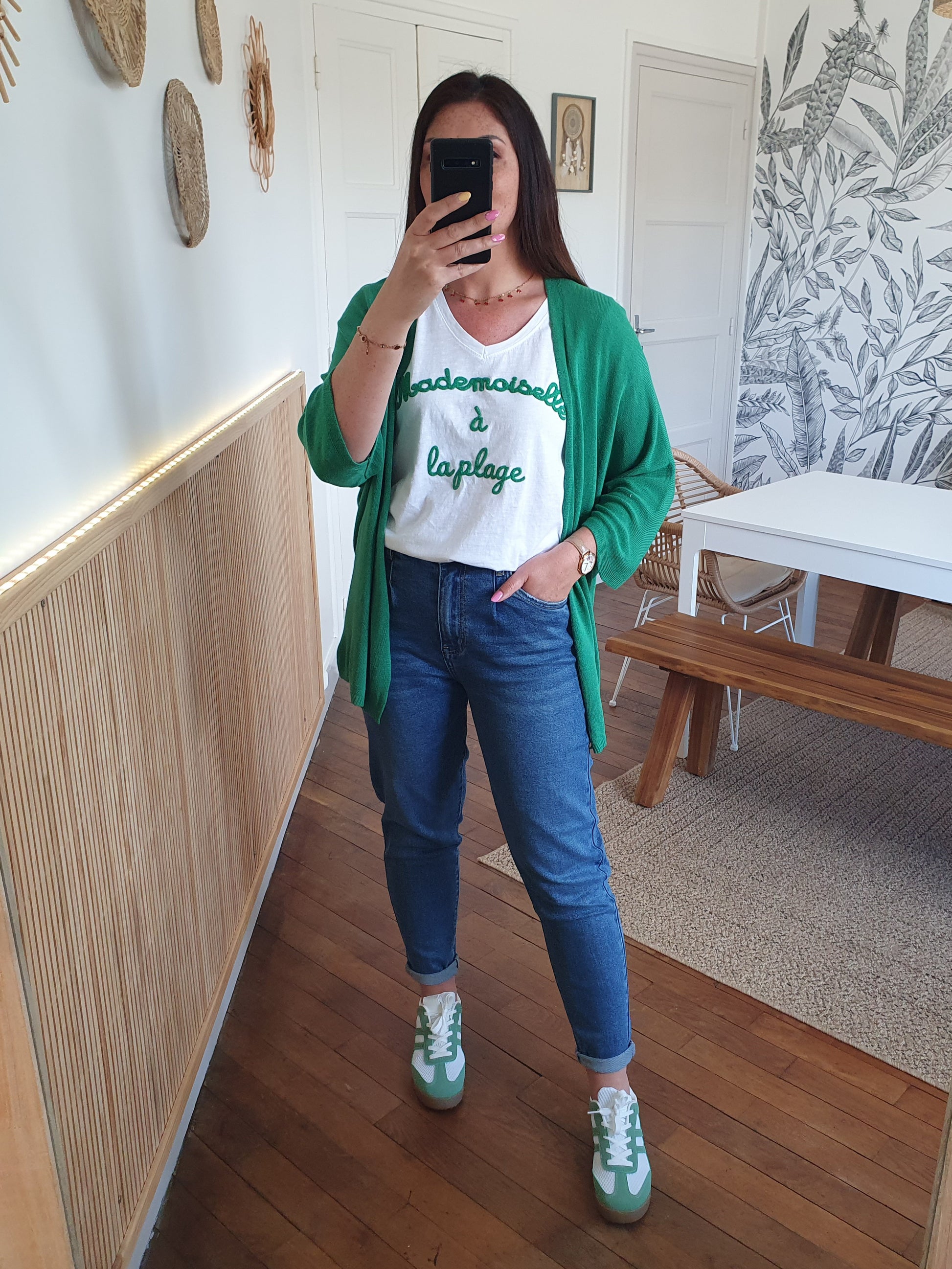 T-shirt mademoiselle à la plage blanc et vert taille unique