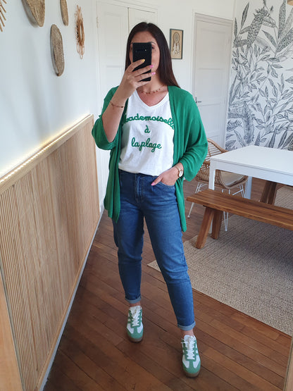T-shirt mademoiselle à la plage blanc et vert taille unique