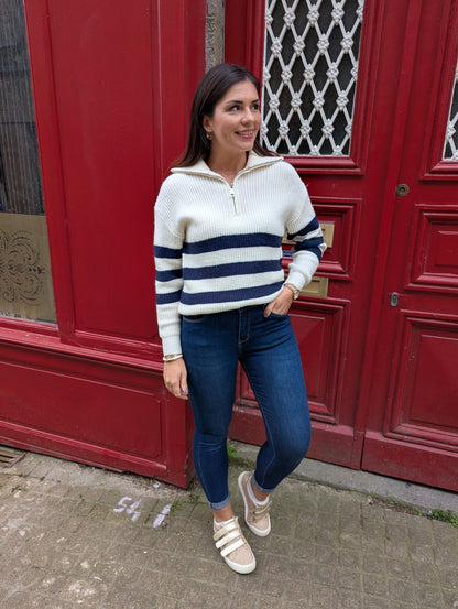 Pull rayé col camionneur blanc et bleu marine femme