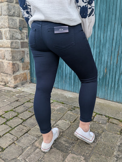 Jean pantalon skinny bleu marine effet peau de pêche
