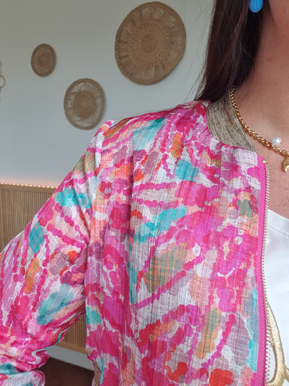 Bomber femme rose multicolore avec détails dorés poches