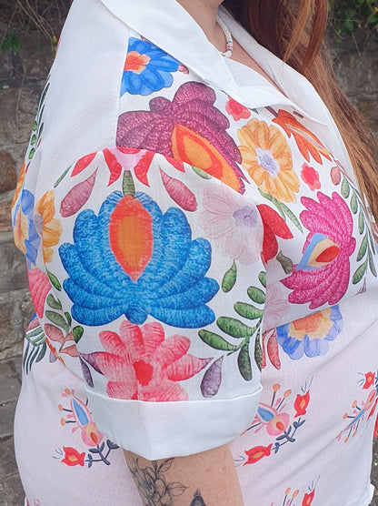 Chemisier imprimé fleurs multicolores en lin grande taille