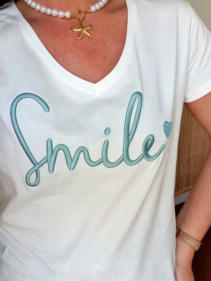 T-shirt Smile blanc et vert d'eau oversize col v pour femme