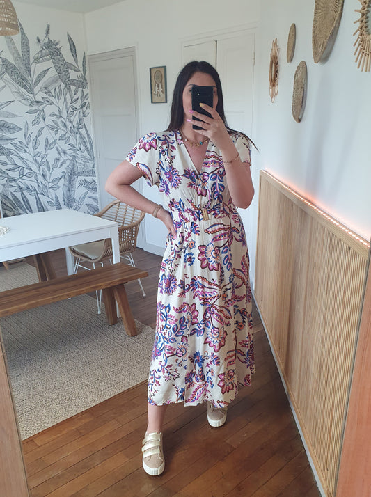 Robe longue fleurie écru rose bleu avec ceinture et fente