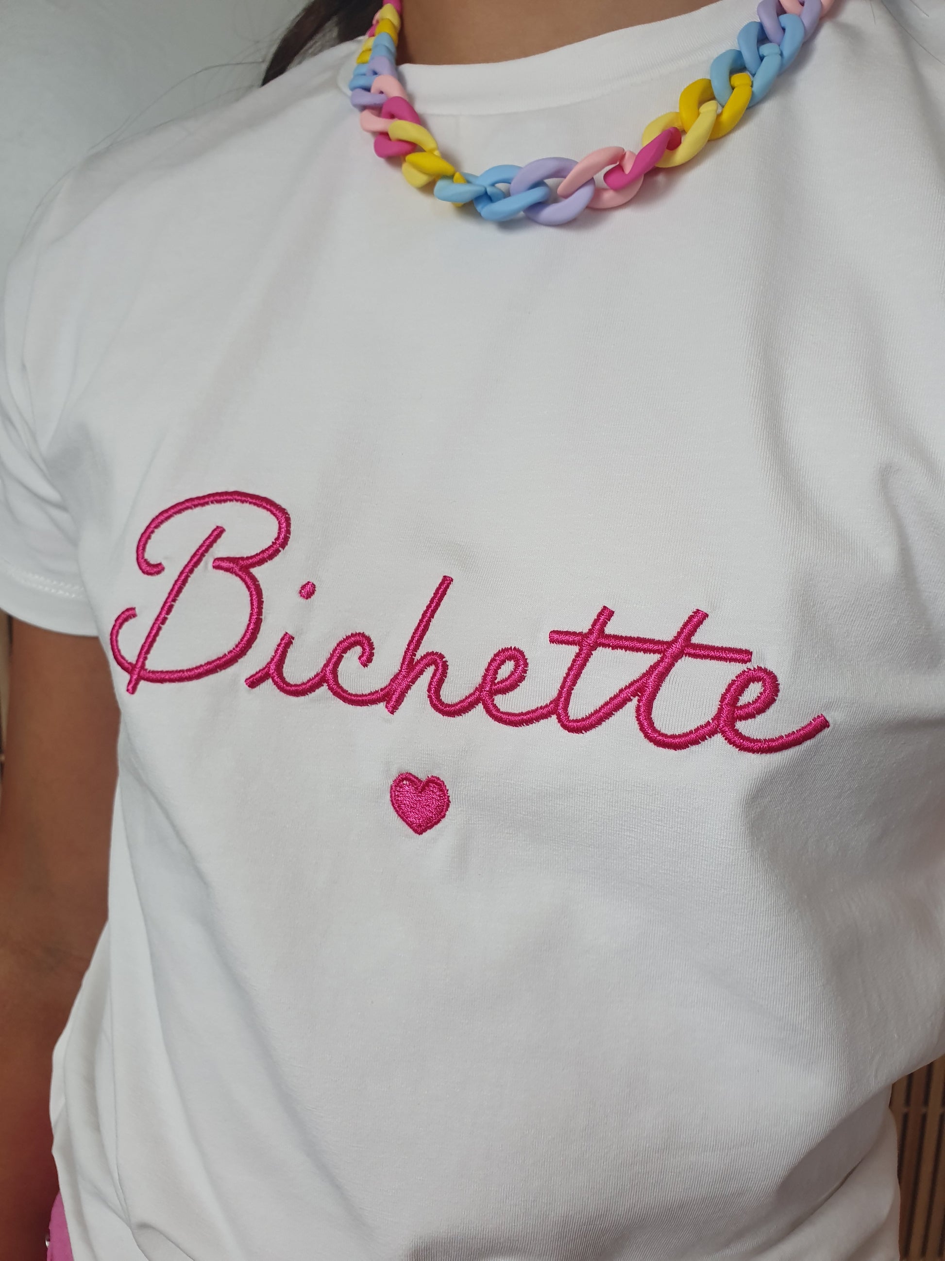 T-shirt Bichette blanc et rose fushia col rond fille
