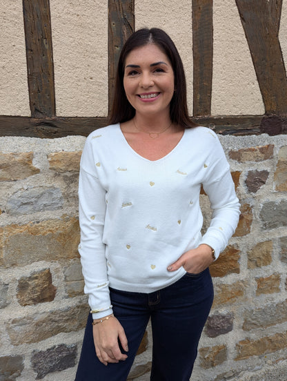 Pull blanc et doré amour avec coeurs brodés femme