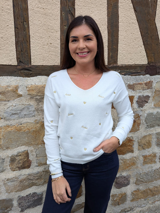 Pull blanc et doré amour avec coeurs brodés femme