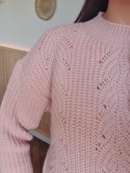 Pull ajouré rose pâle grosses mailles tendance pour femme