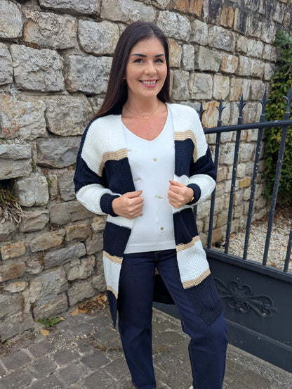 Gilet long bleu marine blanc doré rayures femme